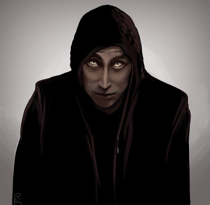 a digital art piece depicting a hooded figure with glowing eyes. the man is wearing a black hoodie and is rendered in a dark and shadowy style, which contributes to a sinister or mysterious atmosphere. he is looking directly at the viewer with an intense gaze.