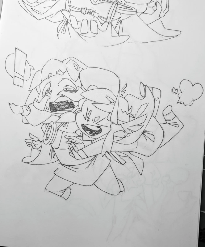 a line drawing of two animestyle characters, one is smaller and the other is larger, both are holding hands and jumping in the air. the smaller character is jumping on top of the larger character and they are both smiling. there is a heart shaped cloud on the upper right side of the page and an exclamation mark on the upper left side of the page. it is a simple drawing, with little details.