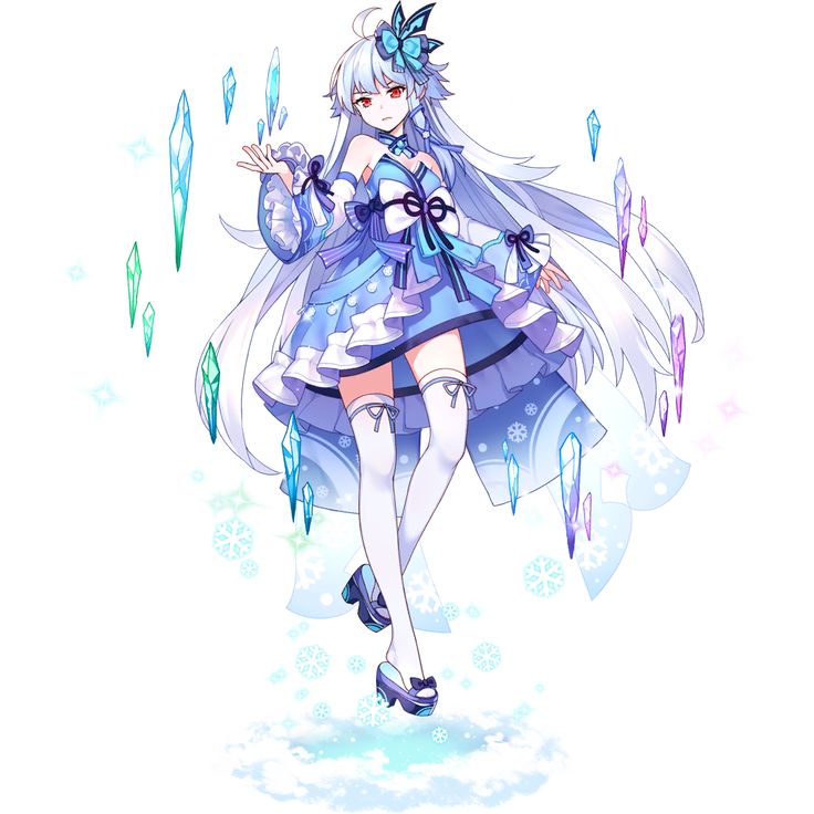 the image features an anime girl with long, flowing white hair. she is wearing a blue dress with white lace accents and a white ribbon around her waist. she also has a blue bow in her hair, and her eyes are red. the girl is surrounded by blue crystals, snowflakes, and other magical elements, which suggest that she is a fantasy character.