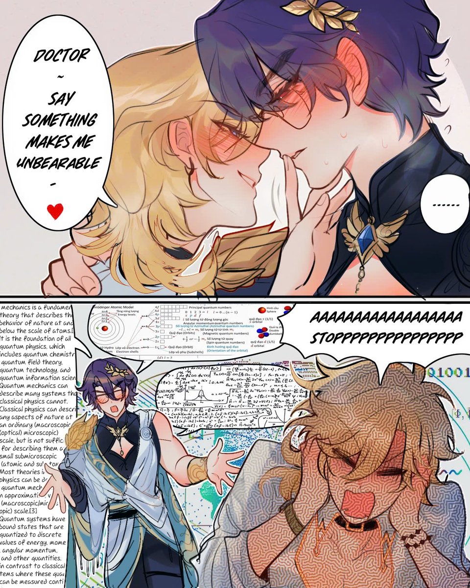 the image is a digital drawing, likely fanart, depicting a romantic scene between two animestyle male characters.  one character, with dark purple hair, is leaning in to kiss the other, who has blond hair.  the blondhaired character requests that the other say something unbearable, implying a romantic tension. below this panel, there's a panel with a third character who is visibly stressed and overwhelmed by complicated physics equations related to quantum mechanics filling the background. this character's reaction contrasts sharply with the romantic scene above, creating a humorous juxtaposition of love and academic stress. the artistic style is reminiscent of webcomics or manga.