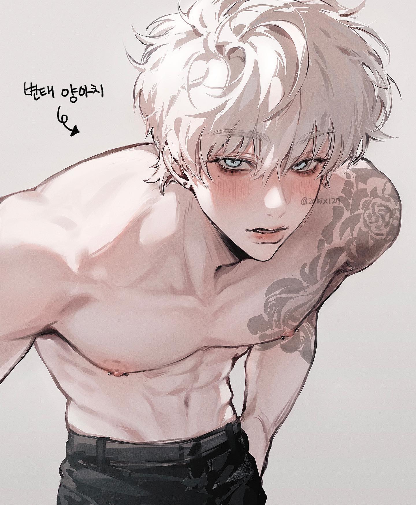 the image is a digital drawing of a young, attractive animestyle man with short, white hair and tattoos on his arm.  he is shirtless, showing off a muscular and toned physique.  he has a blush on his cheeks and a subtle look of shyness or contemplation. the art style is soft and somewhat hazy. his tattoos feature stylized roses. he also has nipple piercings.  the image is cropped closely, focusing on his upper body.  korean text is present on the upper left corner.