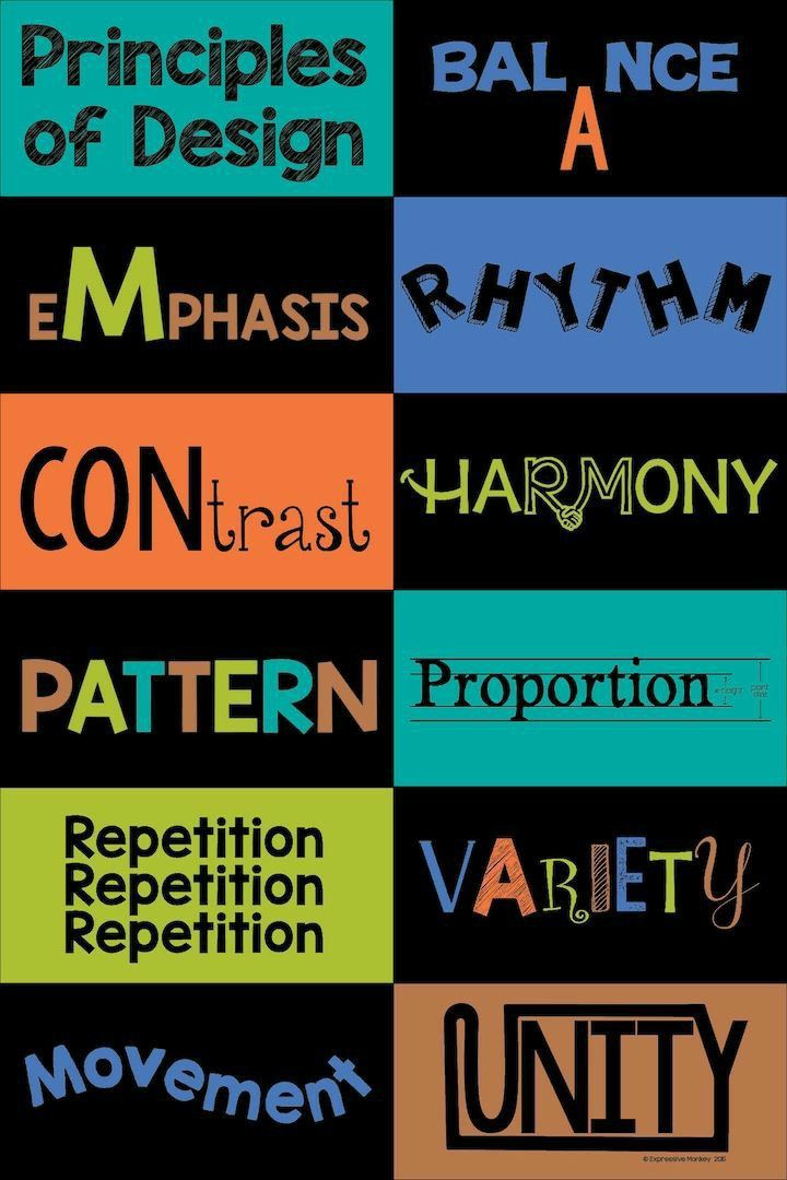 the image is a colorful poster that displays the principles of design, each principle is displayed on its own rectangle, with a black background. the poster is a great visual tool to help students and designers learn about the principles of design.