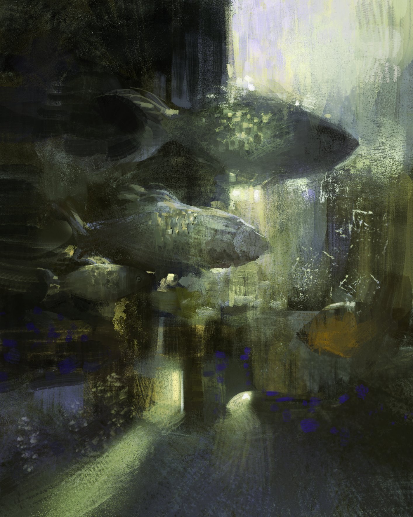 a painting of a serene underwater scene with a few fish swimming through murky green water. the fish are in the background, and the foreground is obscured by shadows and murky water. the painting is abstract, but it gives the impression of a deep and mysterious underwater world. the overall feeling of the painting is serene and peaceful, evoking a sense of tranquility and calm.