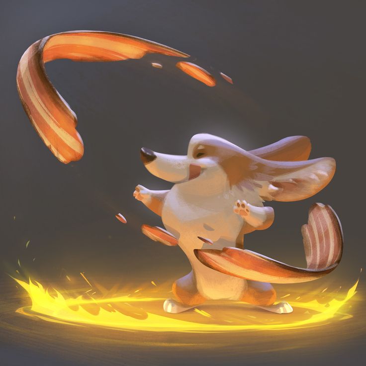 a cartoon drawing of a corgi, with bacon slices surrounding the corgi, and a ring of yellow fire around the dog's feet.