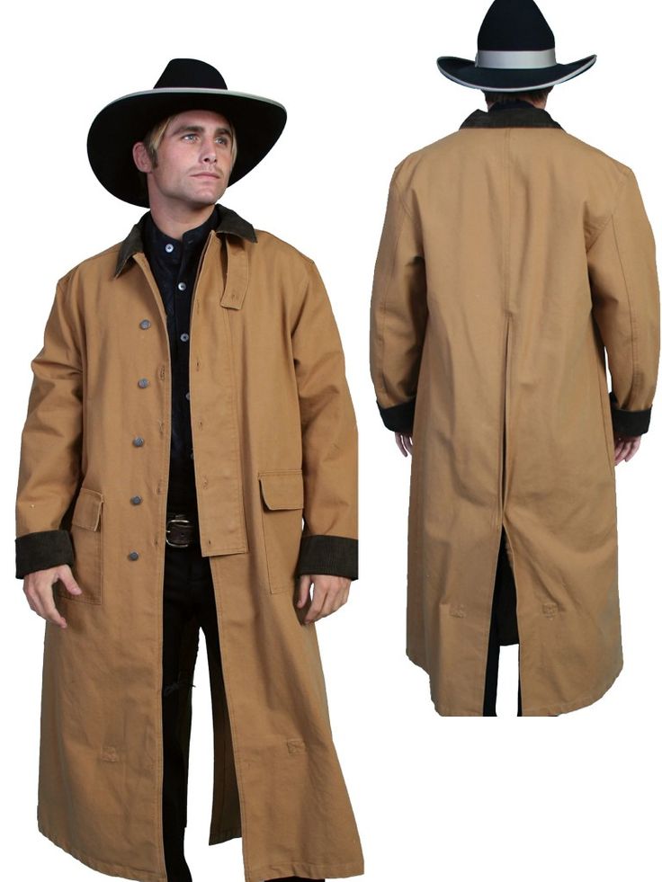 the image shows a fulllength view of a tancolored men's duster coat. the coat is long, reaching the ankles, and features a notched collar, button front closure, pockets, and darkcolored cuffs. a model is shown wearing the coat and a black cowboy hat, both front and back views are displayed, for a complete look.  the style evokes the imagery of a classic western or cowboy outfit.