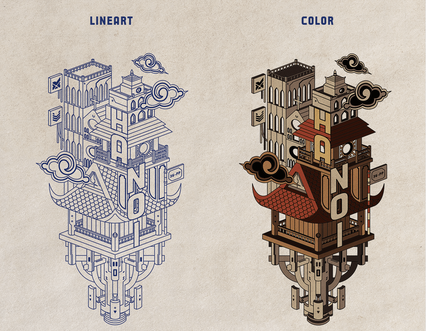 the image depicts two versions of a stylized illustration of the word "hanoi" built into an intricate cityscape. the left version features a detailed line art style in blue, while the right version is rendered with color, showcasing a warm palette with brown and beige tones. both illustrations feature traditional asian architecture, including pagodas and ornate rooftops, stacked vertically to form the letters of "hanoi." clouds and decorative elements further enhance the design.
