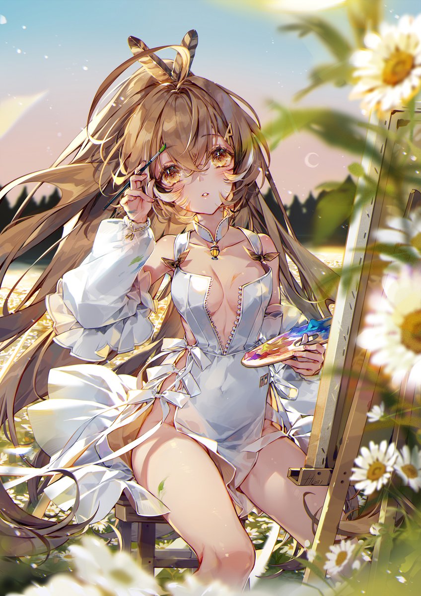 the image is a digital painting of a young anime girl with long, light brown hair and blonde highlights. she's wearing a loose, white summer dress with a lowcut neckline and is sitting in a field of daisies in front of an easel.  she holds a paintbrush and a paint palette, seemingly in the midst of painting. the overall style is soft and delicate, with light and airy colors that create a dreamy atmosphere. the girl's expression is sweet and somewhat shy. the scene is idyllic and suggestive of artistic inspiration found in nature.