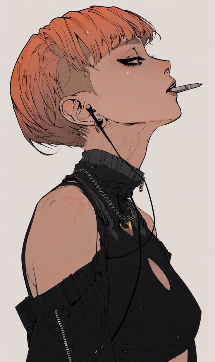 the image is a digital illustration of a stylish animestyle girl. she has short, vibrant orange hair with an undercut, and is depicted in profile view, looking off to the side. she's smoking a cigarette and wearing dark, edgy clothing including a black choker, a necklace, and a sleeveless black top with a cutout detail. her earrings are visible, and she has a slightly serious expression. the art style is highly detailed and blends elements of realism with anime aesthetics, creating a visually striking image that could be seen in graphic novels or other forms of art focused on stylish and edgy characters.