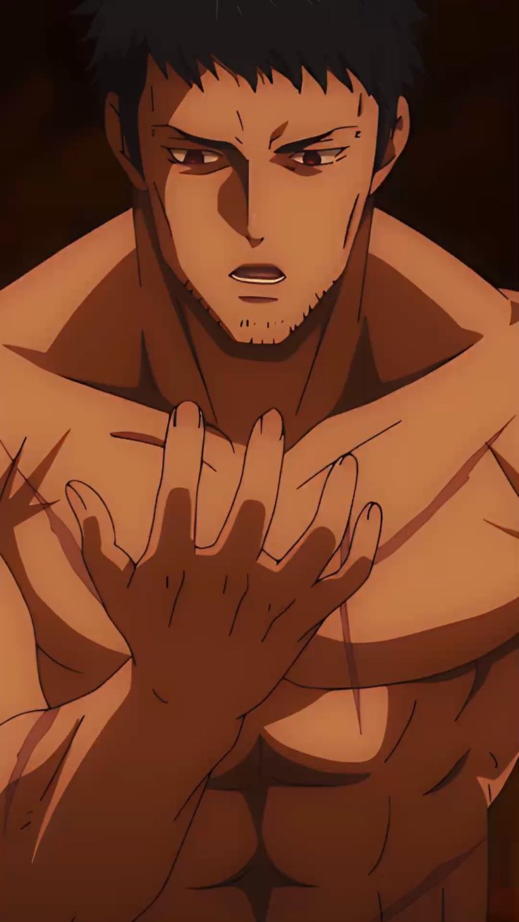 the image shows a shirtless, muscular man with short black hair and a serious expression. his body is covered in scars, particularly on his chest and arms. he is holding his hands to his chest, as if clutching at something. the lighting is dramatic, casting deep shadows on his face and body. the overall tone of the image is intense and emotional.
