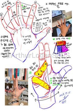 the image consists of several hand sketches and accompanying notes, primarily in korean. the sketches focus on hand anatomy and different poses for artists to reference. there's a photo of a hand holding a pen, referencing this action, and a photo of a hand in front of a bookshelf, likely the artist's own hand used as a model. the style is loose and educational, suggesting it's a personal study sheet for drawing hands.