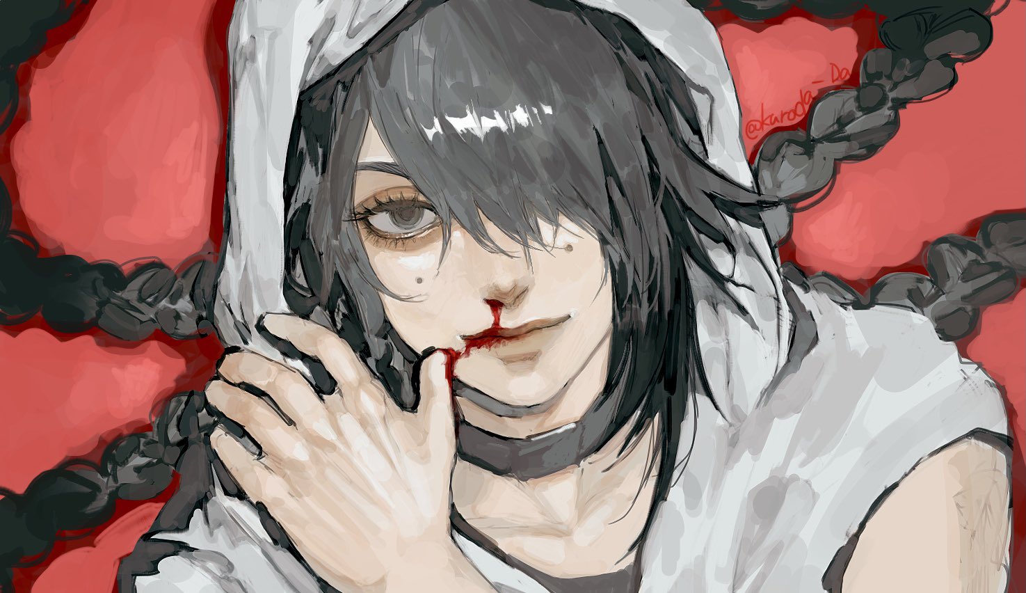 a closeup portrait of an anime girl with black hair, wearing a grey hooded shirt. she has a cut under her nose and blood is dripping from the wound, she appears to be looking at the viewer and smiling a little.