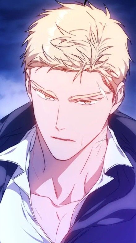 this image is a closeup illustration of a young man with short blonde hair and golden eyes. he has a serious, almost brooding expression and a noticeable scar running through his left eyebrow. he is lit dramatically from the front, highlighting the contours of his face and upper body. the background is a dark blue that gradually lightens towards the center, further emphasizing the figure. the art style appears to be anime or manga.