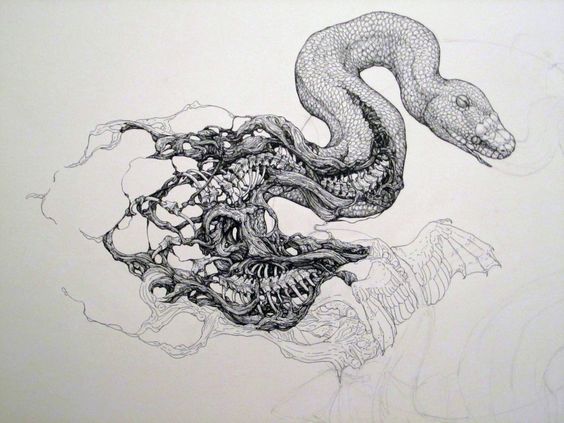 the image is a detailed pen and ink drawing depicting a surreal, bioorganic creature.  the creature seems to be a fusion of a large snake or serpent, intertwined with skeletal and decaying organic material, possibly a tree or other plant matter. the snake's body is intricately rendered with scales, while the other elements show a decaying or decomposing texture.  partial wings are visible, adding to the fantastical nature of the creature. the style is highly detailed, employing various line weights and techniques (such as hatching and crosshatching) to create depth and texture. the overall aesthetic leans towards the grotesque and dark fantasy. the drawing has a feeling of movement and almost chaotic energy in its composition.