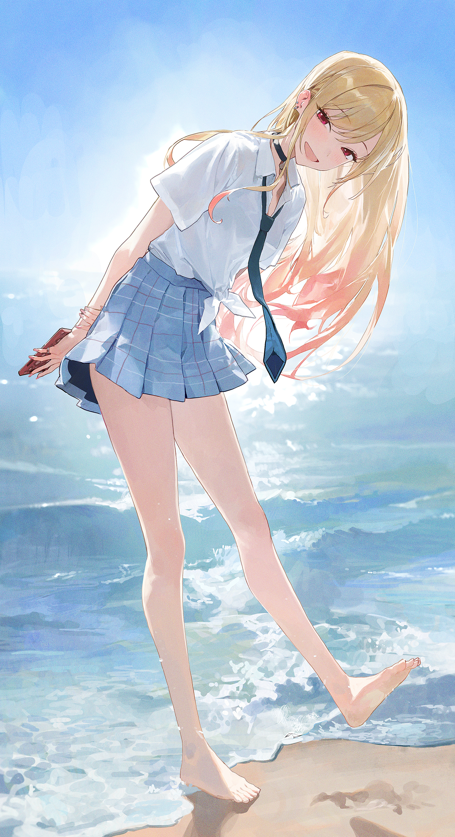 the image shows an animestyle girl with long blonde hair wearing a white shirt and blue pleated skirt, standing on a sandy beach with ocean waves lapping at her feet. she is smiling and appears happy. the style is soft and pastelcolored. the overall mood is light, cheerful, and summery.