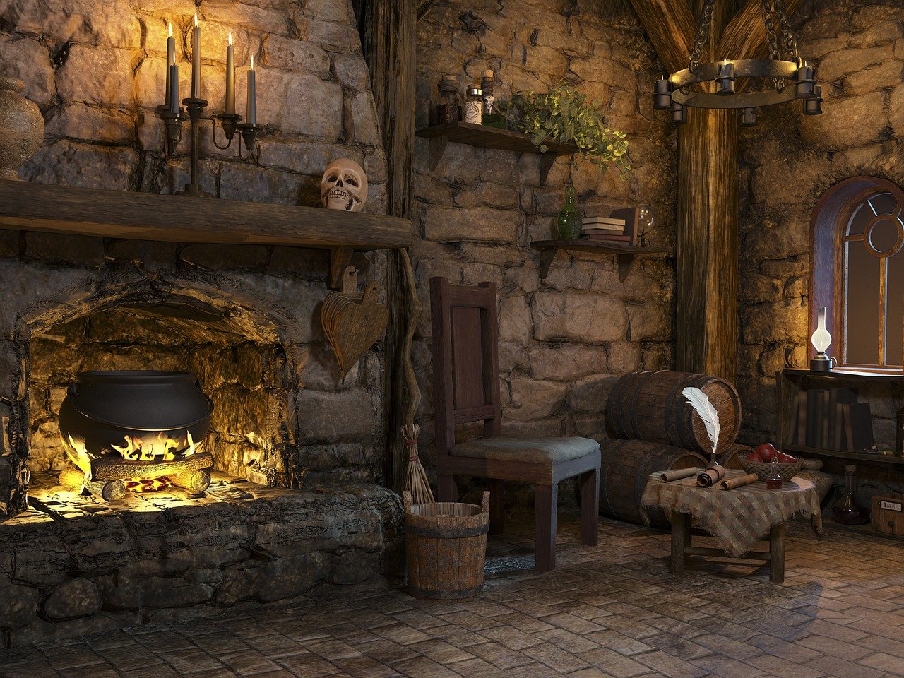 a cozy witch's room is depicted with stone walls and a fireplace where a cauldron is bubbling over a fire. above the fireplace mantle sits a skull and candles. a wooden chair is placed near a stack of barrels and a small table with scrolls and a feather quill. a lamp illuminates the corner of the room near a window, with shelves containing books and plants adding to the rustic atmosphere. a chandelier hangs from the ceiling, completing the medieval fantasy scene.