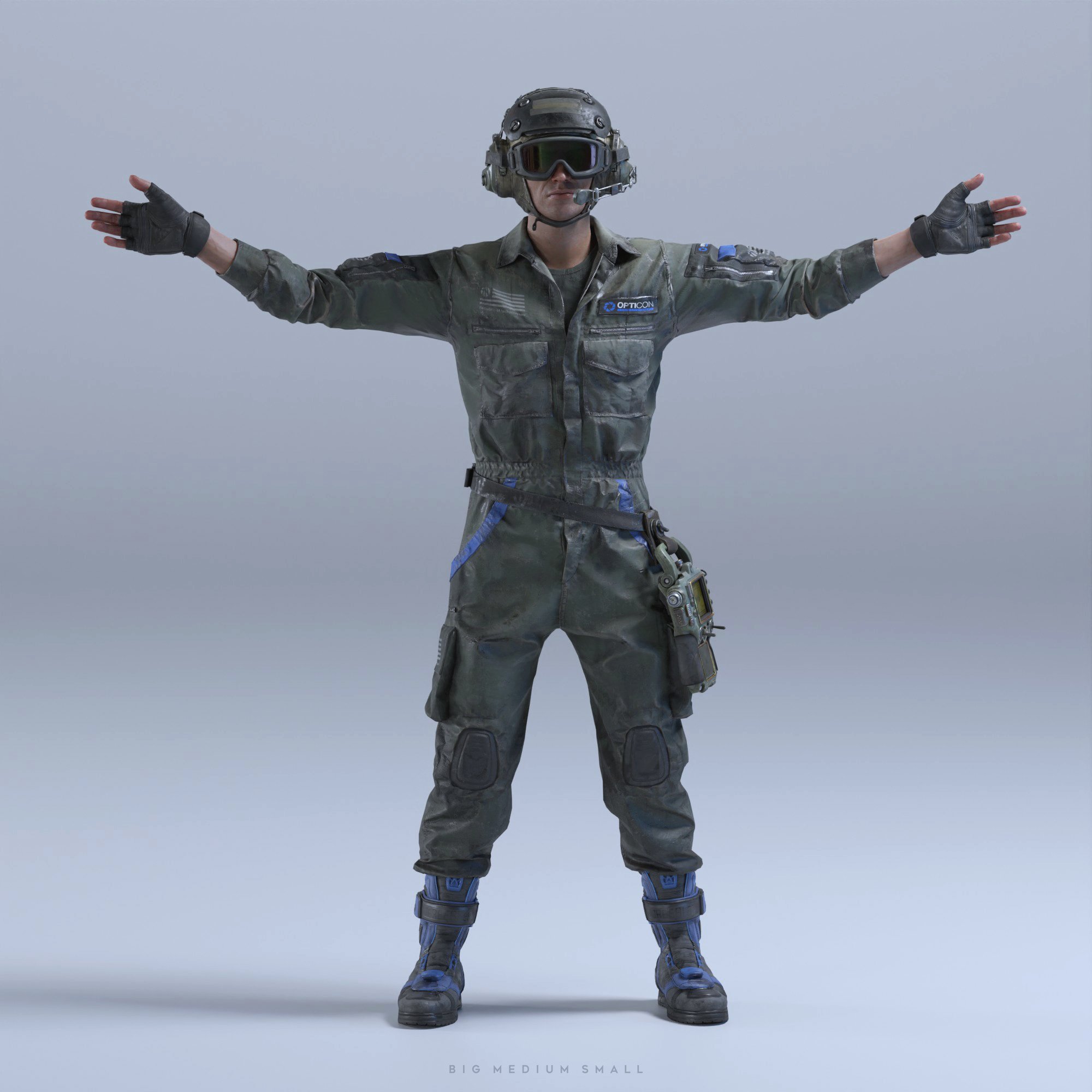the image shows a 3d render of a soldier or pilot in a detailed, futuristic military jumpsuit. the uniform is predominantly dark olive green with blue accents, featuring knee pads and a tactical harness.  the soldier is wearing a helmet with goggles, and the arms are outstretched. the background is a simple, neutral grey. the overall style hints at a scifi or futuristic military setting. a small logo that reads "opfco" is visible on the chest. the bottom of the image reads "big medium small," likely referring to model size options.