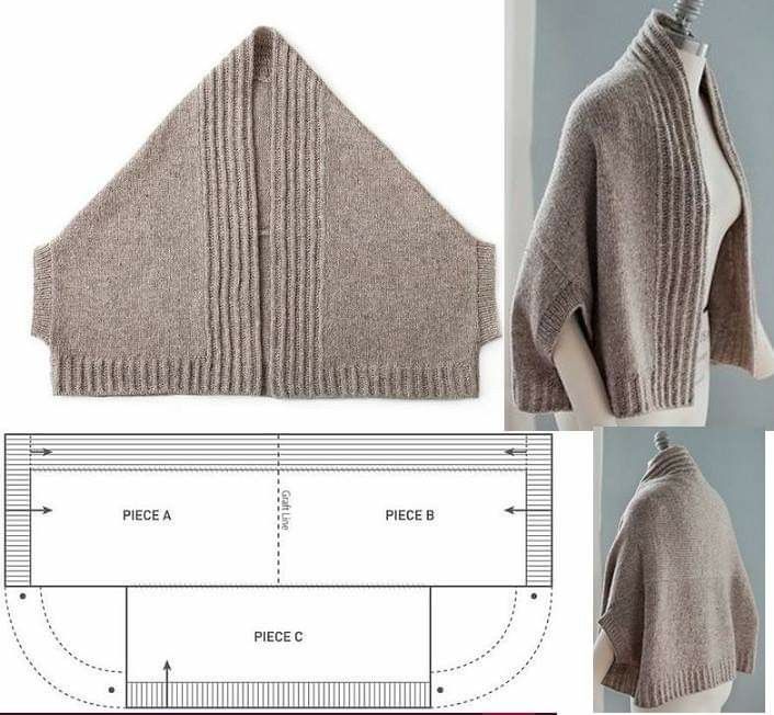 the image shows a knitted poncho with a matching pattern diagram. the poncho is a neutral color, possibly beige or light brown, and has a ribbed knit design on the collar and bottom edge. the design is oversized and draped, creating a casual yet stylish look. there are multiple views of the garment, including a flat lay and two mannequin shots. the pattern diagram suggests that the poncho is made of three pieces: piece a, piece b, and piece c. the arrows on the diagram indicate the direction of knitting. the poncho appears to be a knitting project or a pattern for knitters.