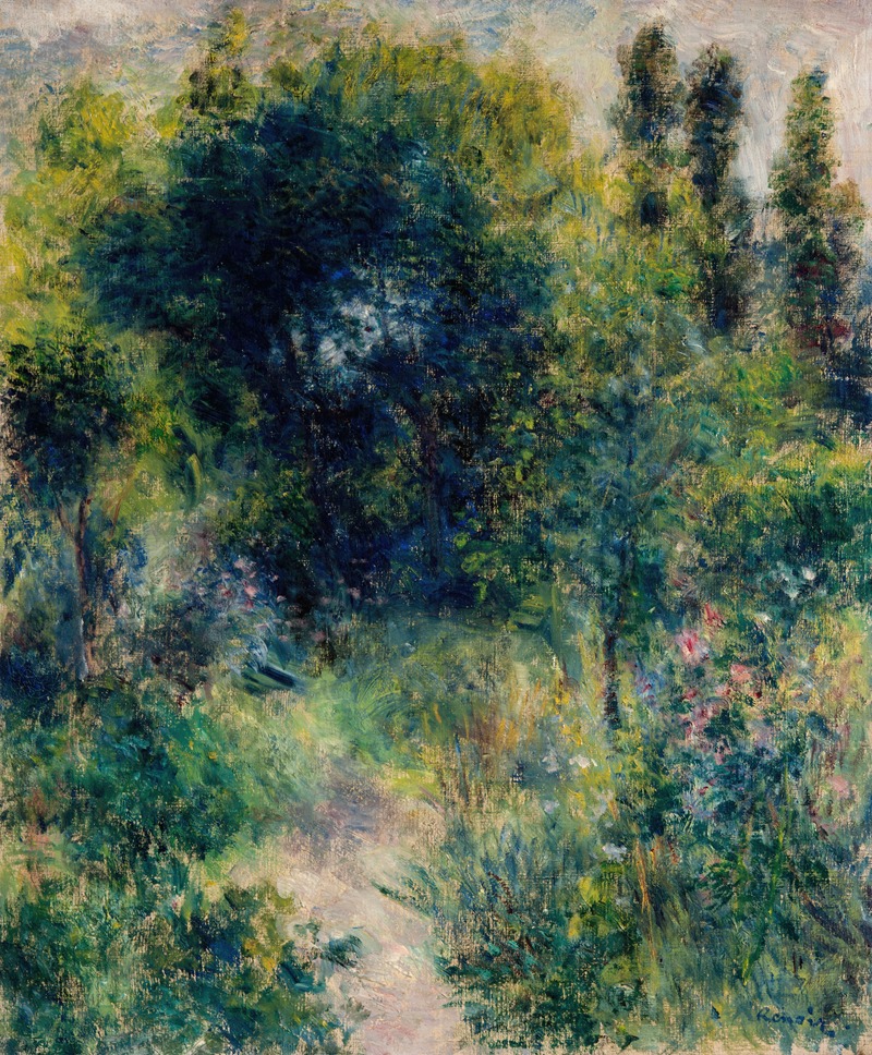 the image is an impressionistic painting, likely by renoir, depicting a lush garden scene. a winding path leads through a landscape of trees and abundant greenery. there are colorful flowers interspersed among the foliage, and the overall scene conveys a sense of natural beauty and tranquility.