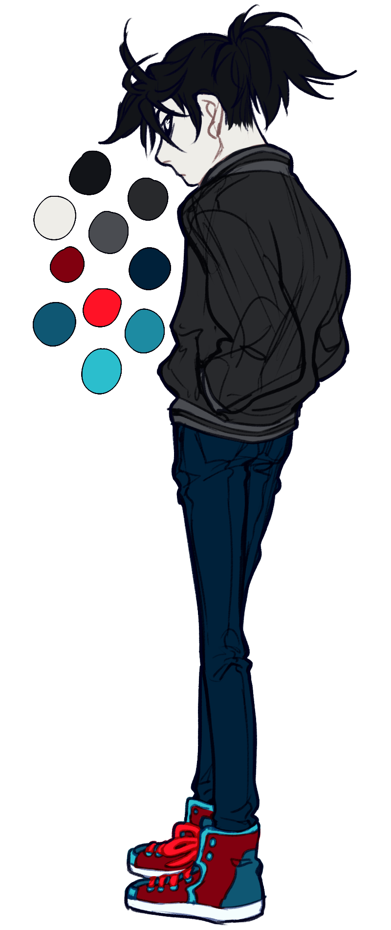 it's a character design sketch of a guy with black hair wearing a black jacket, blue jeans, and red shoes. he has a color palette included.