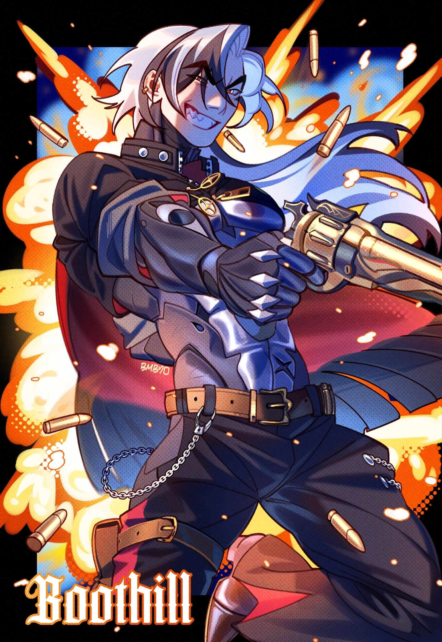 the image is a vibrant digital illustration featuring an animestyle character, possibly fanart, who strongly resembles a gunslinger. the character possesses long, flowing grey and blue hair, dark clothing with futuristic elements (such as armored arms), and wields a large revolver.  they have a fierce and confident expression. the background is an explosive, dynamic scene with fire and flying bullets, reminiscent of a western shootout but with a futuristic or cyberpunk twist.  the character is positioned dynamically, emphasizing action and movement. the overall style leans toward anime or manga, with bold lines, saturated colors, and a focus on character expression and dynamism. the word "boothill" is prominently displayed at the bottom, suggesting a location or possibly the character's name or title.