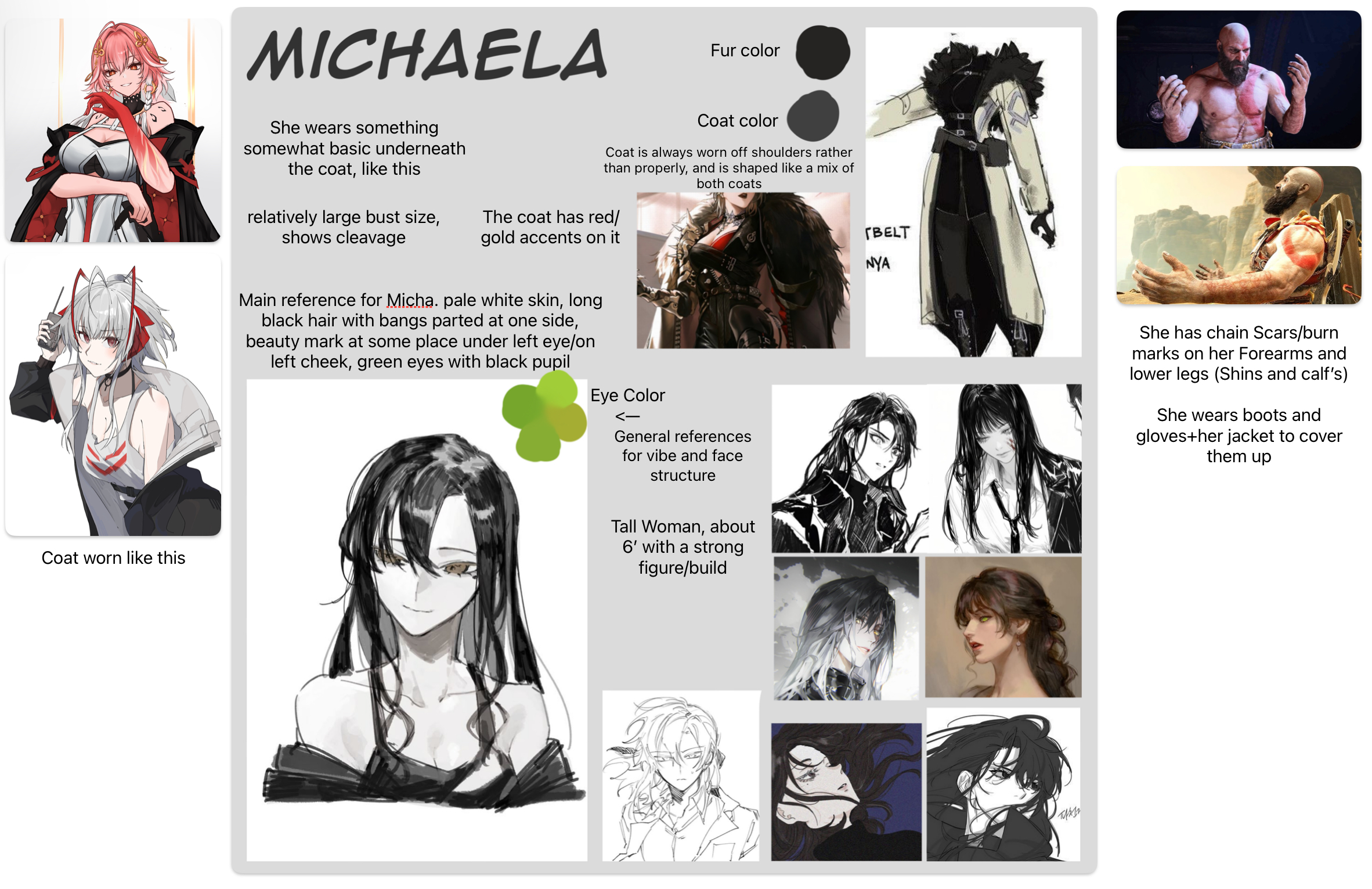 this image is a character design reference sheet for a female character named michaela. it includes multiple illustrations of the character, along with descriptions of her physical appearance, clothing, and backstory details such as scars. the design includes animestyle drawings and notes on her coat, hair, eyes, skin, height and overall build. there are color swatches for the fur and coat color, and reference images for her general appearance and facial structure.