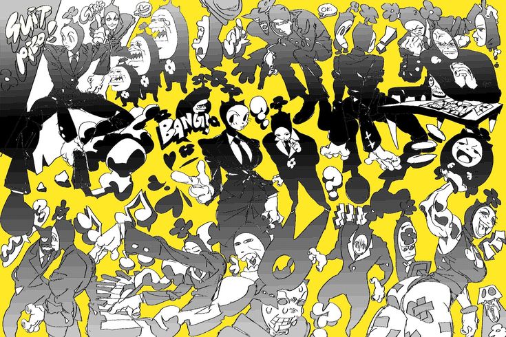 the image features a chaotic and vibrant illustration filled with numerous cartoon characters in various poses and expressions. the characters, rendered in black and white, are set against a bright yellow background. the overall style is highly stylized and exaggerated, with bold lines and dramatic gestures. the artwork evokes a sense of playful energy and a touch of the surreal, with its whimsical characters and abstract elements.  the scene appears to be set in a dynamic and energetic world, filled with a playful sense of chaos and creativity.