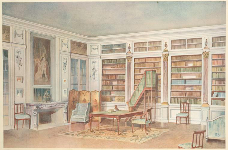 the image is a watercolor painting of a classic library interior. it features tall bookcases filled with books covering an entire wall, accessed by a small ladder. a desk and chairs are placed in the center of the room on a patterned rug. on the left side of the room, there is a fireplace with a decorative mantel and a painting above it. the walls are decorated with molding and there are large windows. the furniture appears to be antique and there is a folding screen in the corner.