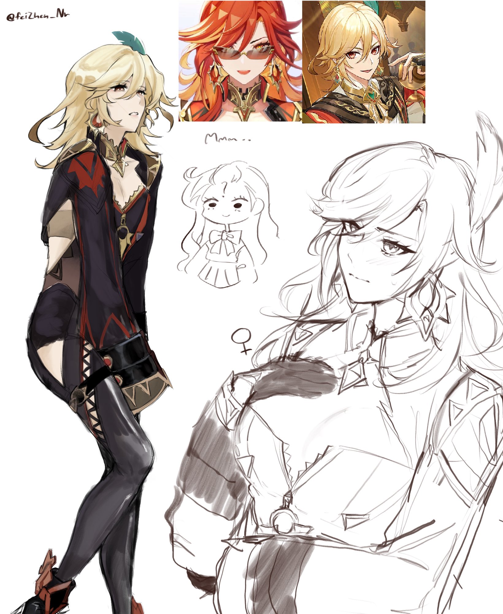 the image is a digital drawing of two animestyle characters. the character on the left is a fully rendered character with a detailed design. she has long blonde hair, a black and red outfit, and a confident and sassy expression. the character on the right is a sketch of a female character with long blonde hair and a partially drawn outfit. the sketch is in progress and shows the basic outline and details of the character. there is also a small drawing of a chibistyle character and a picture of a different character at the top of the image. the entire piece is created in a digital style using a combination of lines, shading, and color. the image has a cool and bold vibe, with a strong emphasis on fashion and design. the characters are both beautiful and confident, with a unique and futuristic style.
