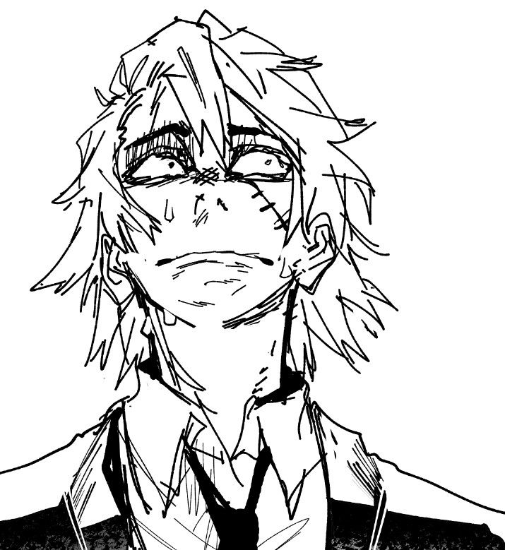 this is a black and white sketch of an anime boy, drawn in a manga style. he has messy hair, big eyes that convey sadness,  and a serious expression. his attire is a suit jacket. the sketch is done in black and white and appears to be unfinished.