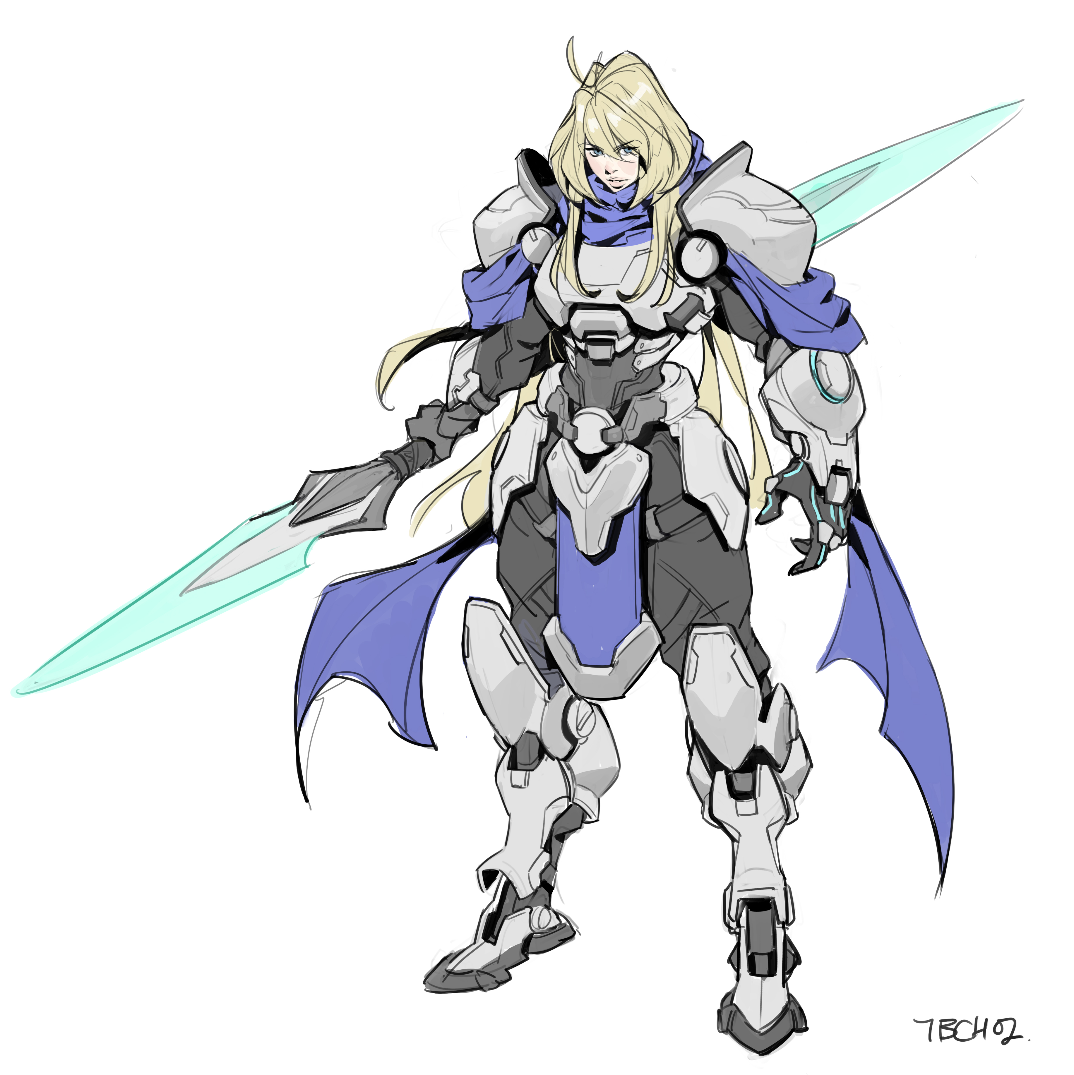 the image is a digital painting of a female character in a futuristic mecha suit. she has long blonde hair and is wearing a blue cape. she is holding a long, glowing sword. the style is reminiscent of anime or manga. the background is white, and the focus is on the character.
