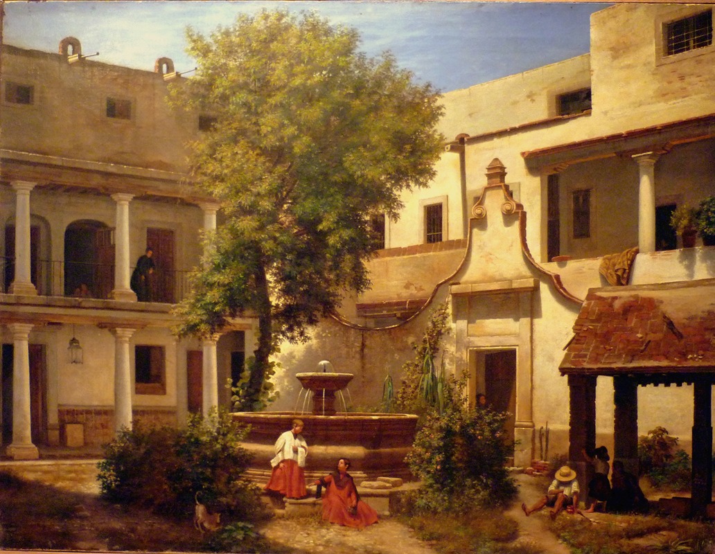 this painting depicts a sunlit courtyard scene with people gathered around a fountain. the courtyard is surrounded by multistory buildings with arched doorways, columns, and verandas. a large tree dominates the center of the courtyard. several people are depicted, some sitting near the fountain, others under a shaded veranda, and one standing on a balcony. the style of the buildings and the clothing of the people suggest a traditional or historical setting. the warm lighting and shadows create a sense of depth and atmosphere.