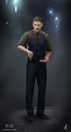 a lone man stands on a rainslicked street at night, illuminated by dramatic spotlights. dressed in a green shirt, dark vest, and slacks, he evokes a classic film noir detective. he sports a stern expression, a neatly trimmed mustache, and slickedback hair. a shoulder holster peeks from under his vest, and he holds an object resembling a bullet in his hand, hinting at his involvement in a dark and gritty world. the overall atmosphere is one of mystery, danger, and suspense.