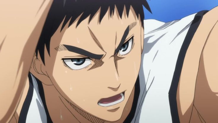 a closeup shot of an anime character in a basketball jersey. he has a determined expression on his face, with sweat on his brow. the focus is on his eyes, which are wide open and filled with intensity. he looks like he is ready to give it his all on the court. the image is taken from a manga or anime series.