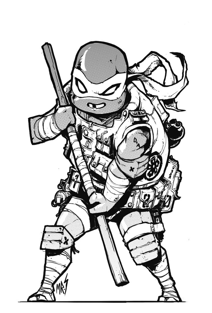 a black and white line art sketch of a ninja turtle holding a katana. he has a bandana on his head and is in an action pose. he is wearing bandages on his forearms and legs.  he is heavily armored.  the style of the art is heavily stylized and appears to be from a comic book.