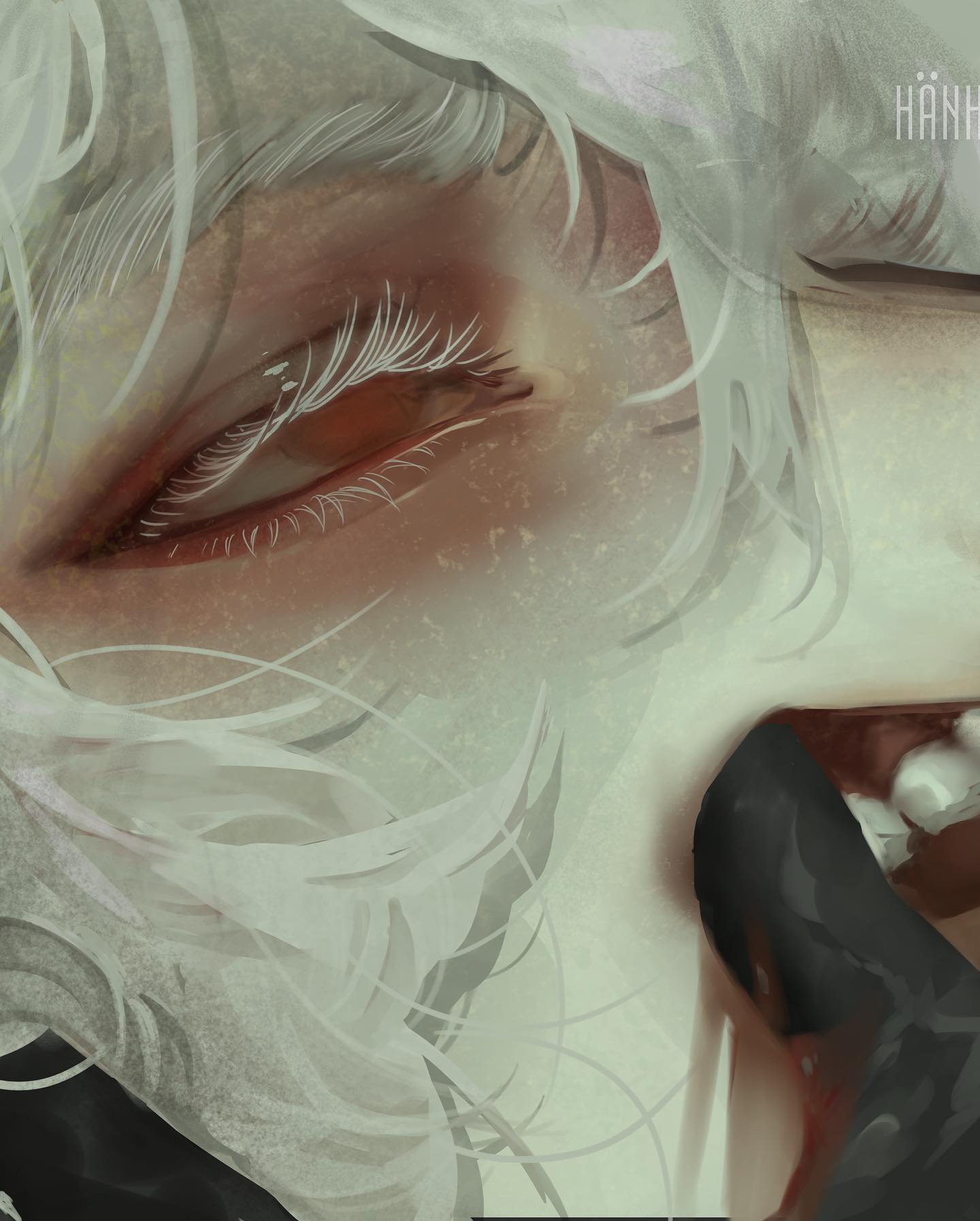 the image is a digital painting or illustration in an anime/manga style. it features a closeup portrait of a character with long, flowing white hair, pale skin, and striking red eyes.  the eyes are the focal point, with meticulous detail in the eyelashes and iris.  the character's mouth is slightly open, revealing teeth, and a dark, almost shadowy hand or object is partially obscuring their lower face. the overall style is ethereal and slightly mysterious, with a soft, textured quality to the painting. the artist's signature, "hanh," is visible in the upper right corner. the color palette is muted, primarily consisting of whites, greys, and muted reds.