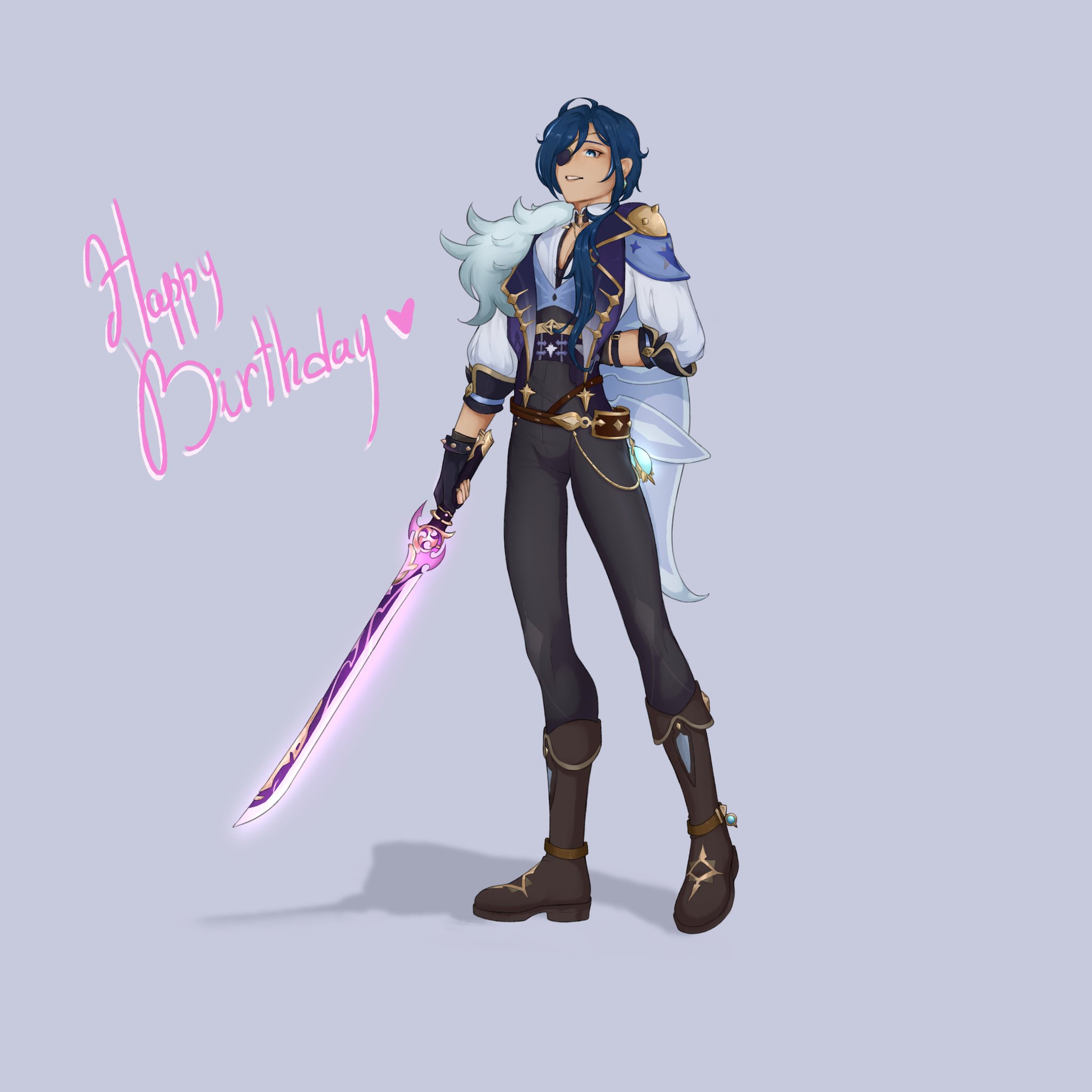 this is a digital art illustration of an anime male character holding a purple sword. he has blue hair, blue eyes and wears a white shirt, a blue shirt, black pants and brown boots. he is holding a purple sword. the background is light blue.  the text "happy birthday" is written in pink.  the character looks like albedo from the popular game genshin impact.
