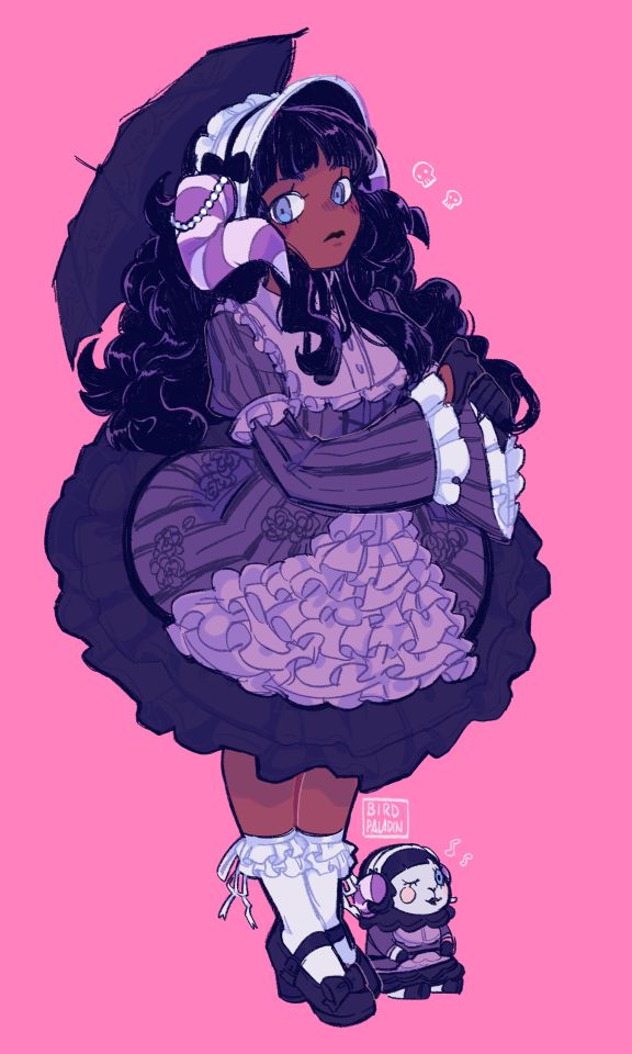 a young woman in an anime style, with dark skin and black hair, is dressed in a black and white gothic lolita dress with purple accents. she has a white lace collar, a black bodice, and a layered skirt with purple frills. the dress also features white frills on the sleeves and around the hem. she is holding a black umbrella over her head, and a small doll in a similar outfit stands next to her feet. the background is pink with a few small, white skulls. the drawing is in a digital art style and features intricate details.