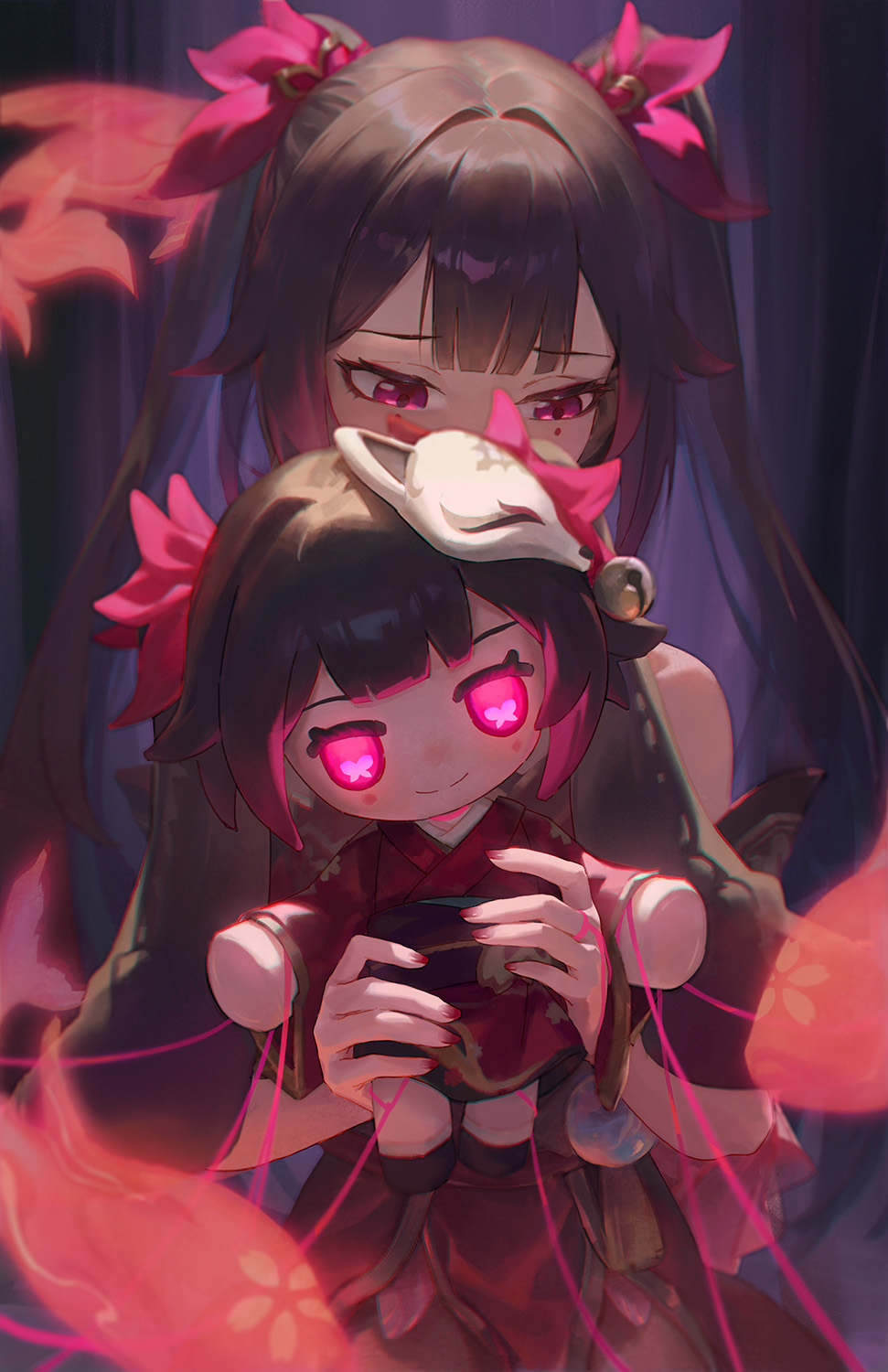 an anime girl with long brown hair and pink eyes stands behind a dolllike version of herself with glowing pink eyes. both figures have pink flower hair decorations. the doll wears a white mask. there is a pink glow around them.