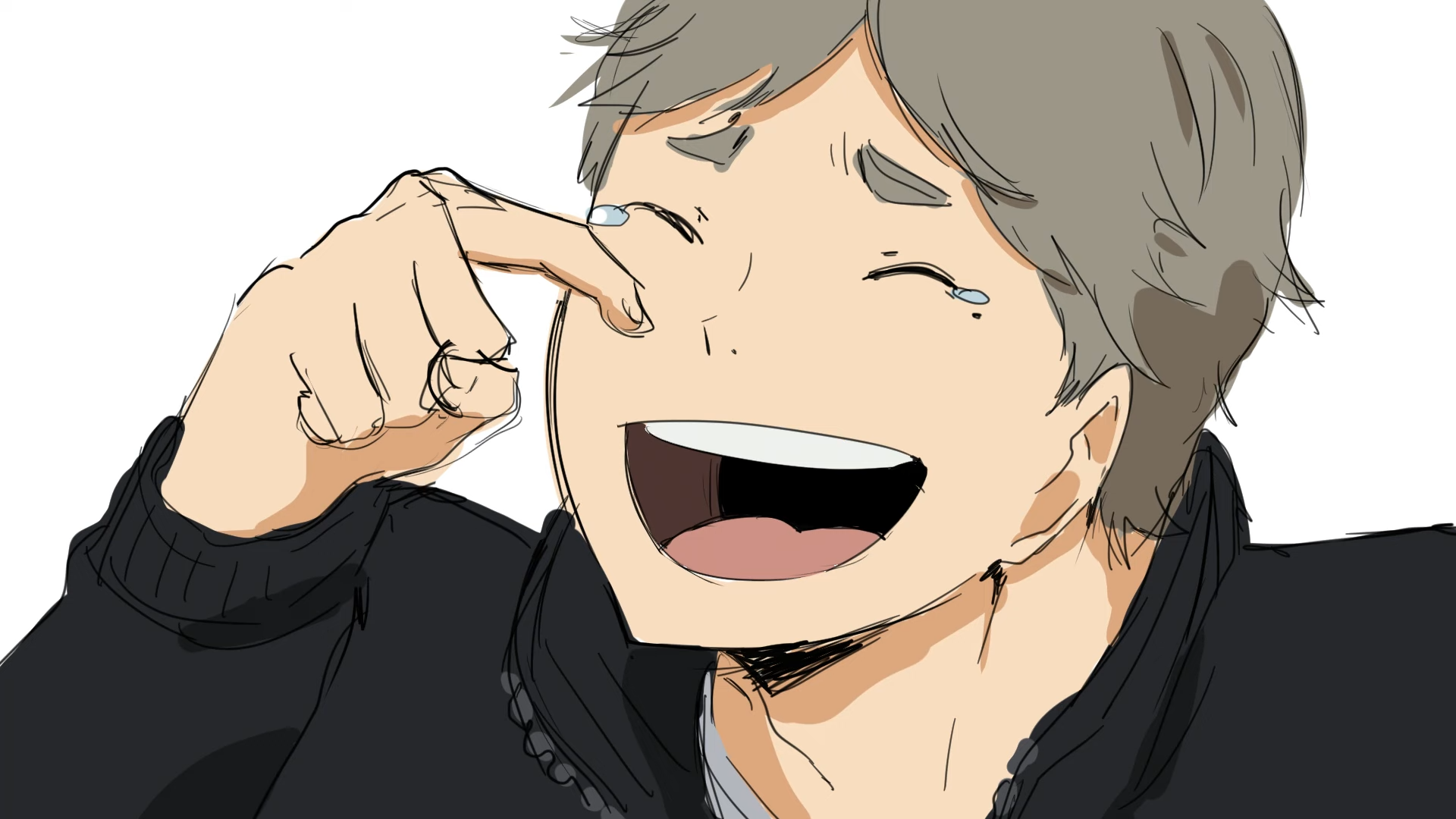 a young man with short, gray hair laughs uproariously with his eyes closed. he is wiping a tear away with one hand.content: portraitpeople: manenvironment: indoors, close uplighting: soft lightingperspective: eye levelkw: anime, manga, laughing, crying, happy, joyful, gray hair, black jacket