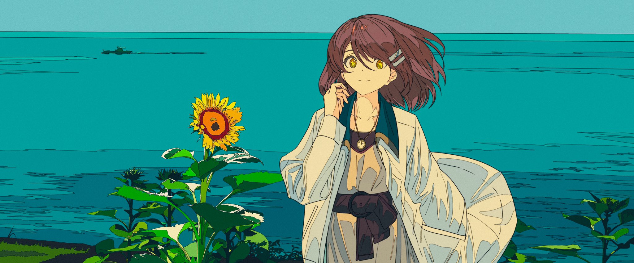 the image is a stylized digital painting or illustration of a young anime girl standing near a sunflower by the ocean.  she has long brown hair blowing slightly in the wind, and is wearing a light beige jacket over a lightercolored top and a dark belt. she's smiling serenely and appears relaxed. the ocean is a vibrant teal color, and the overall style is peaceful and calm, evoking a summery, coastal atmosphere. the sunflowers add to the summery, idyllic feel of the scene. the art style is distinctively digital, with bold outlines and smooth color transitions.