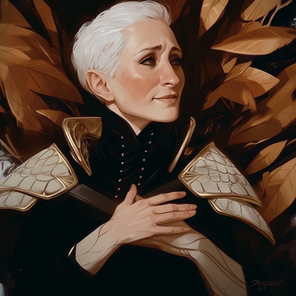 a digital painting of a woman with white hair, wearing golden armor and a black dress. she has a serious expression on her face and is surrounded by leaves. the artwork is done in a fantasy style and is very elegant.