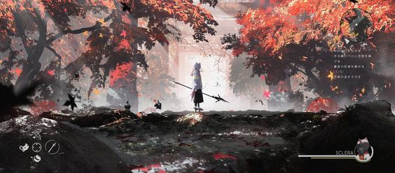 the image shows a lone anime girl with white hair, wearing a white and blue outfit, standing on a path in an autumnal forest. she is holding a spear and looking towards a bright archway in the distance. the scene is covered in falling leaves and features dark, muted colors.  birds can be seen flying in the distance. the art style is reminiscent of japanese animation.