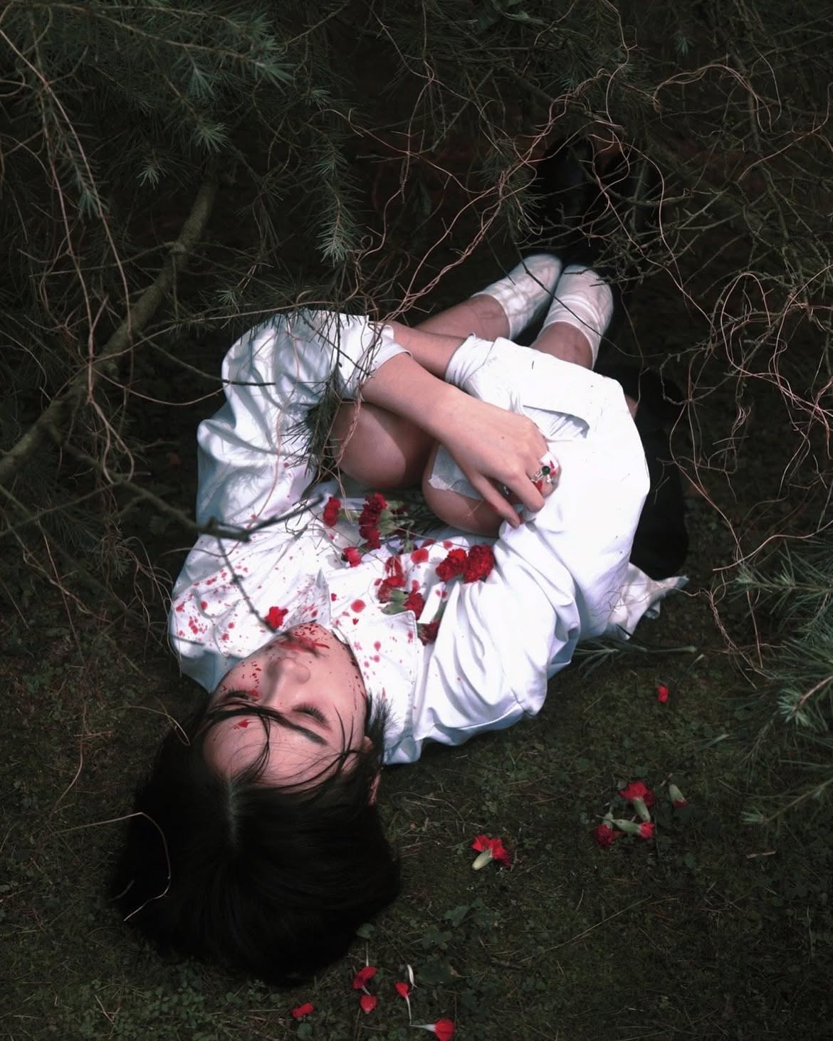 a woman in a white dress is lying on the ground in a forest. she has dark hair and her eyes are closed. there is blood on her face and dress, and rose petals are scattered around her. she is surrounded by branches and twigs. the image has an unsettling and eerie atmosphere.