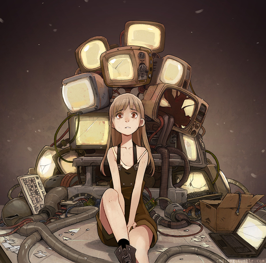 a young girl with long brown hair and a worried expression sits amongst a towering pile of old televisions, computers, and tangled wires. the scene is dimly lit with a warm, artificial light emanating from the glowing screens. the environment is cluttered and messy, giving a sense of being overwhelmed by technology.