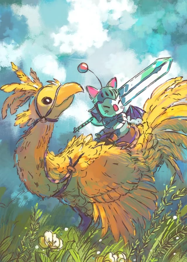 a fantasy illustration depicting a chocobo with a moogle knight riding on its back. the chocobo is yellow and has a bridle. the moogle is a catlike creature wearing armor and a helmet, wielding a sword. they are standing in a field of grass and white flowers under a blue sky with wispy clouds.