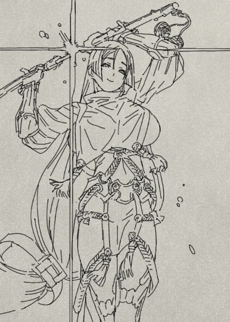 the image is a line art drawing of an animestyle female character holding a rifle over her head. the character has long hair and is smiling. the style is detailed with braided decorative rope on her clothes.
