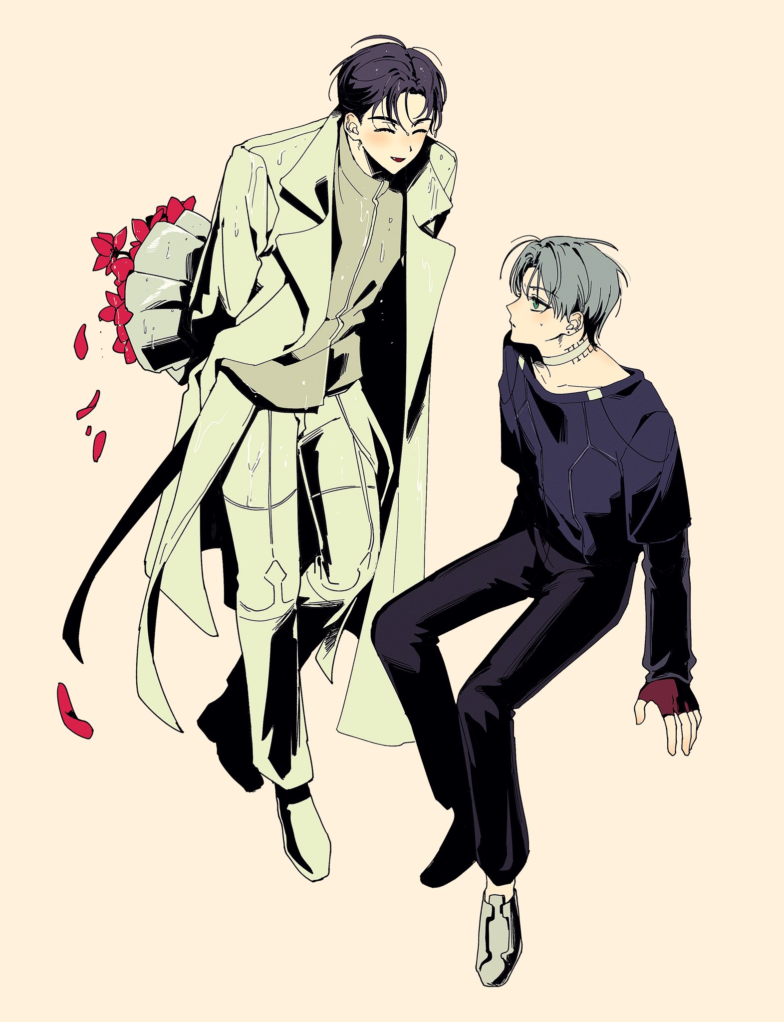 this image features a cartoon illustration of two male anime characters. one character is wearing a white coat and trousers, and holding a bouquet of red flowers, he is smiling and looking at the other character who is sitting on the floor with his legs crossed and looking up at the first character. he is wearing a black shirt, black trousers and a white band around his wrist. the two characters seem to be having a conversation.