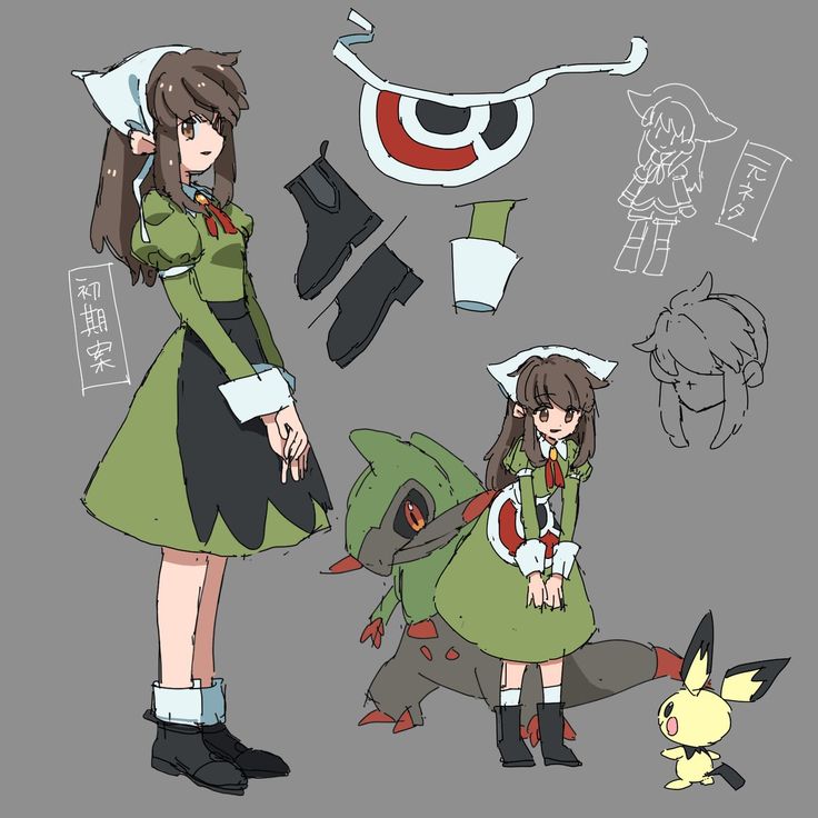the image is a collection of concept art and character sketches, seemingly for an anime or manga project.  the main focus is on a young girl dressed in a green maid outfit with white accents, and long brown hair. she's depicted in a standing pose and a slightly smaller version of the same character is shown next to what appears to be a grovyle pokemon. a pikachulike pokemon is also present in the corner. several design elements for the outfit, including shoes and an apron are scattered around, along with additional sketches of a girl's head and what might be alternate hairstyle concepts. the style is loose and sketchy, typical of early concept art.  japanese text is visible on the larger girl's dress, indicating a possible name or other detail. the overall tone is light and whimsical.