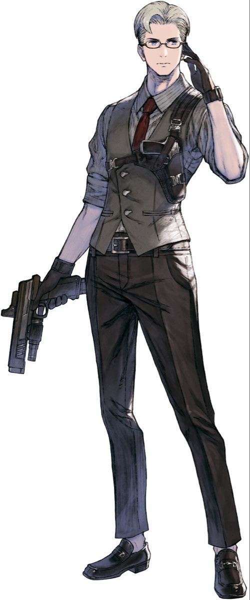 a man with grey hair and glasses is standing and holding a gun. he is wearing a suit, tie, vest, gloves, and black shoes. he also has a holster.