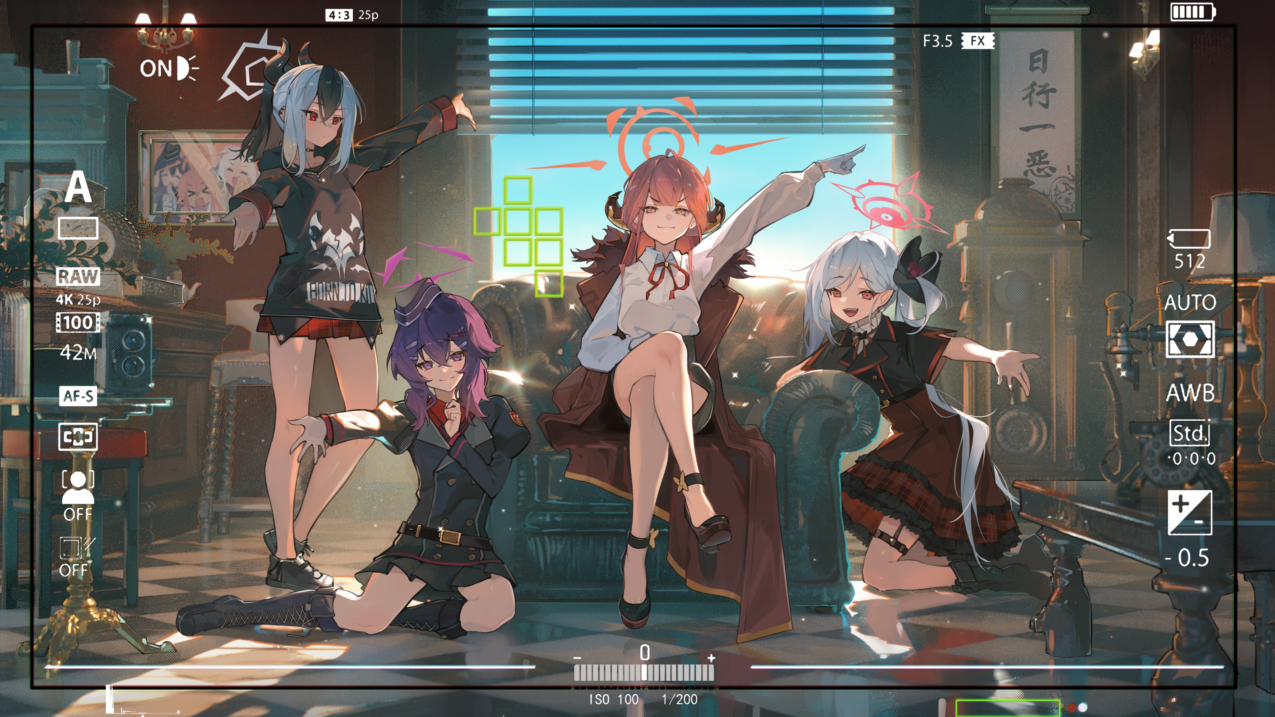 the image is a shot of four anime girls in a room, framed as if viewed through a camera viewfinder. the girl on the far left has black and white hair, wears a black hoodie with a skull graphic, and a red skirt. next to her, the girl with purple hair kneels, dressed in a black militarystyle uniform with red accents. in the center, a girl with red hair sits on a couch, wearing a white blouse, brown skirt, and jacket. to the right, a girl with white hair kneels, wearing a red and black lolitastyle dress. all four girls are pointing or gesturing with their hands. the room has a window with blinds, a painting, a lamp, and other furniture, giving the image a vintage and slightly grainy aesthetic. digital camera settings and overlays surround the image.
